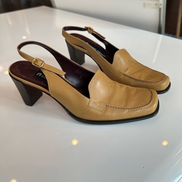 Etienne Aigner Shoes - Etienne Aigner Vintage Leather Slingback Block Heeled Camel Tan Loafers Size 6.5
